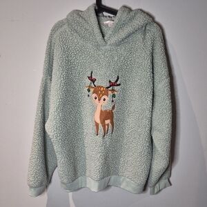 Bluenotes Green Sherpa Sweater with Reindeer Design